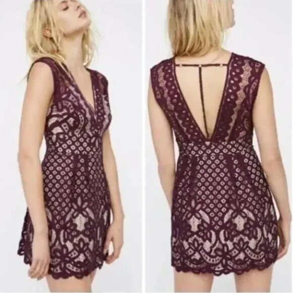 Free People One Million Lovers Lace Mini Dress Burgundy Boho Holiday Party - Picture 1 of 15